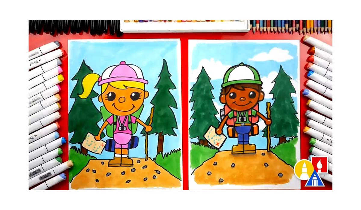 آموزش نقاشی به کودکان | طراحی آدمک با کوله پشتی