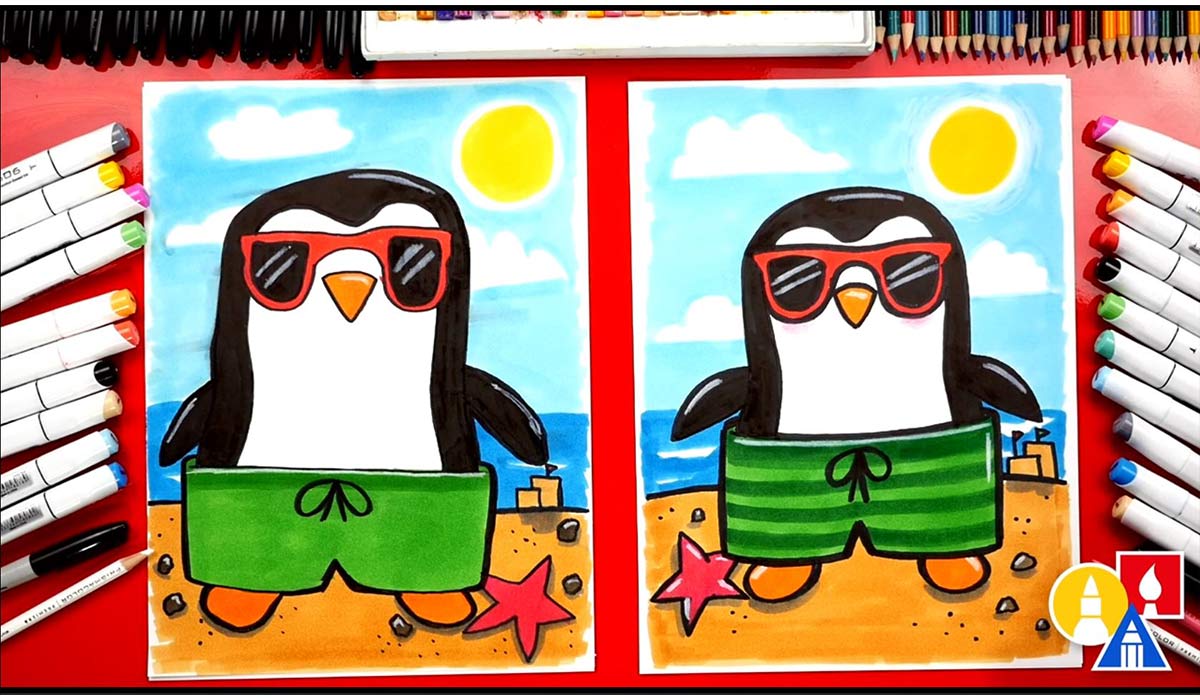 آموزش نقاشی به کودکان | پنگوئن تابستانی