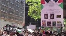 تظاهرات آمریکایی‌ها برای فلسطین و تصویر امام،رهبر انقلاب و سیدحسن نصرالله