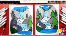 آموزش نقاشی به کودکان | منظره آبشار آبشار خروشان