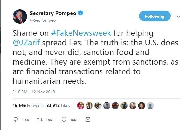 مناظره توئیتری ظریف و پامپئو درباره آثار تحریم‌های ضدایرانی + تصاویر