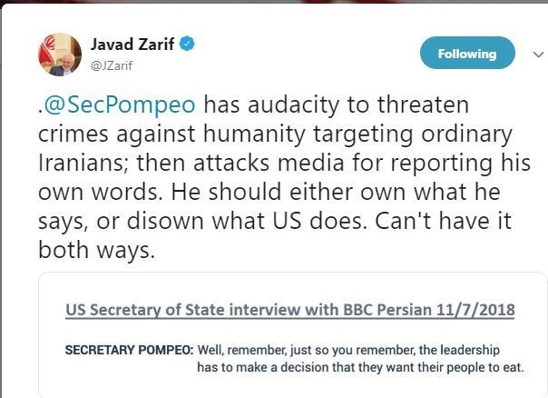 مناظره توئیتری ظریف و پامپئو درباره آثار تحریم‌های ضدایرانی + تصاویر