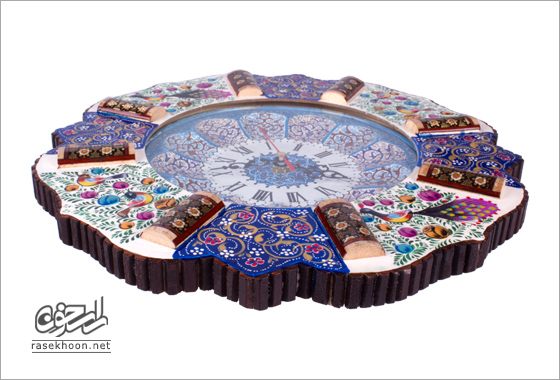 ساعت دیواری میناکاری با قاب خاتم چوبی نقاشی شده